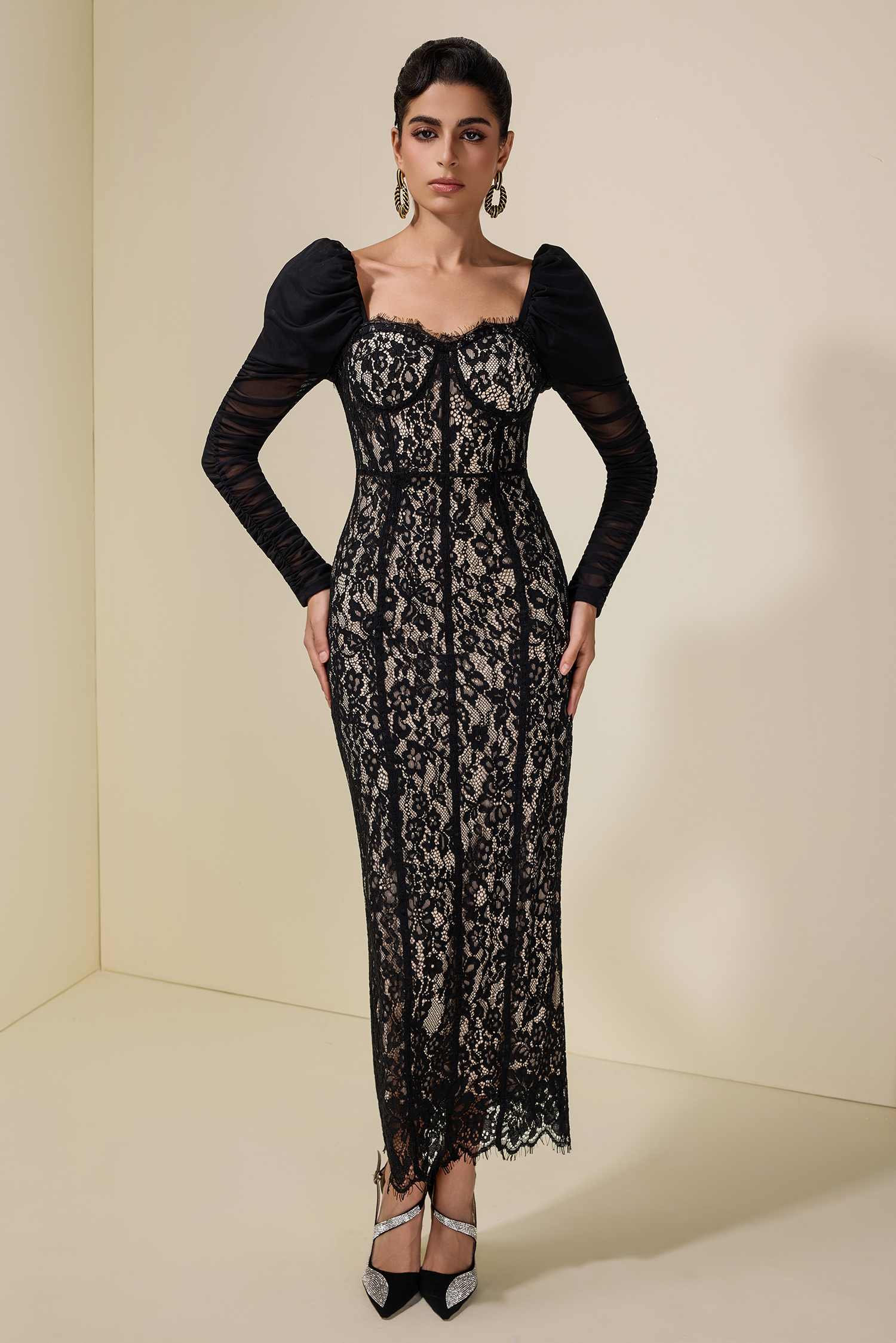 Lace Splicing Mesh Puff Sleeve Midi Dress