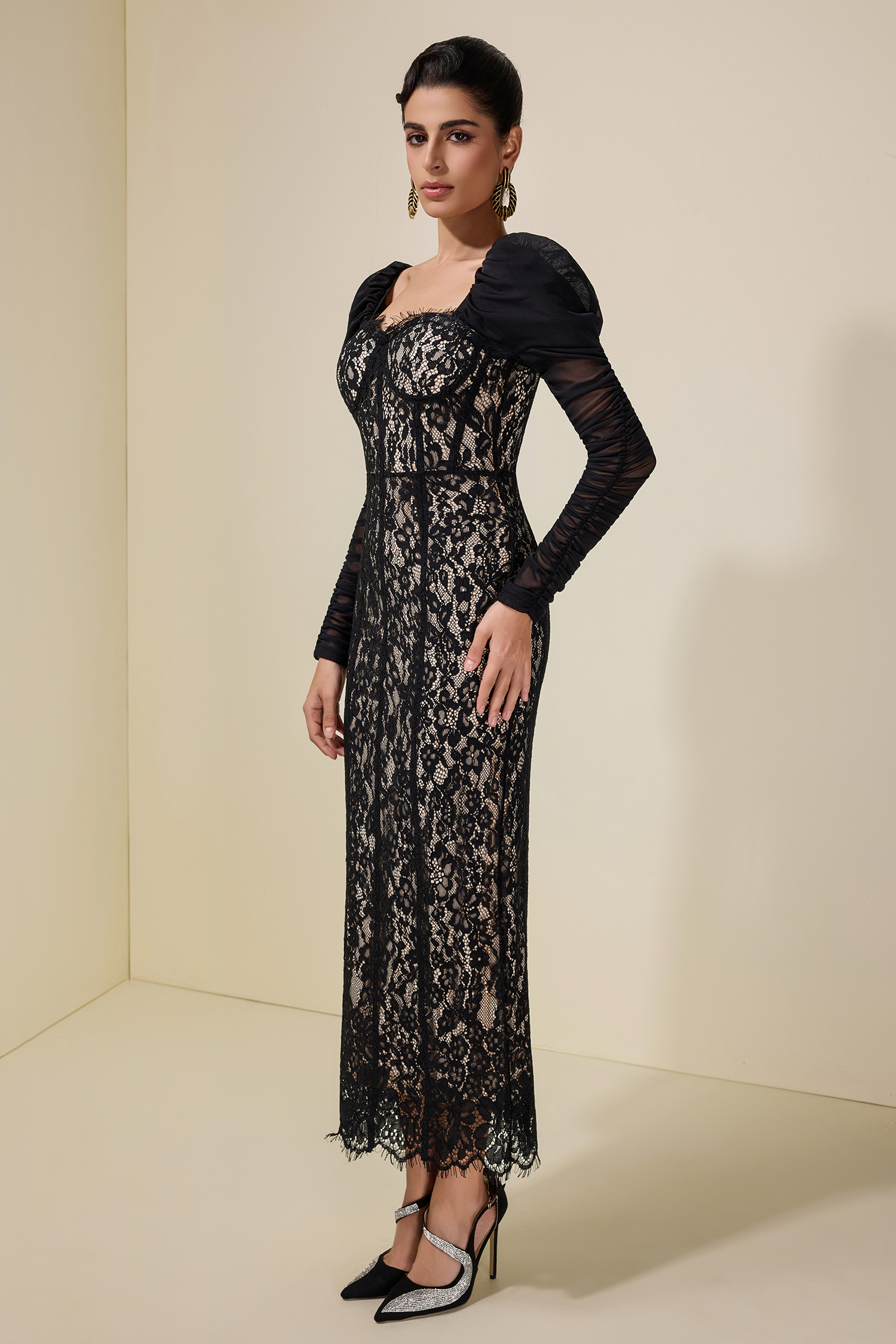 Lace Splicing Mesh Puff Sleeve Midi Dress