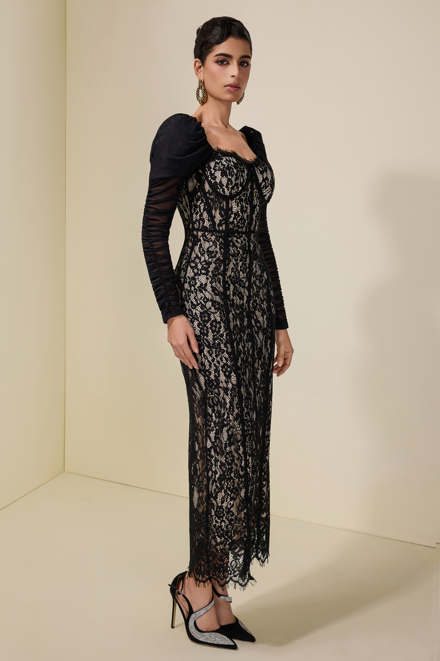 Lace Splicing Mesh Puff Sleeve Midi Dress