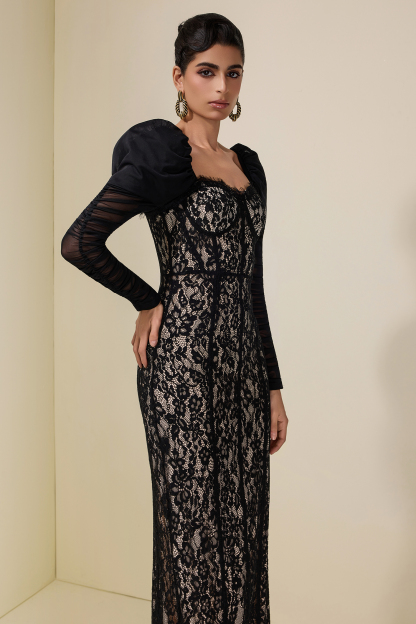 Lace Splicing Mesh Puff Sleeve Midi Dress