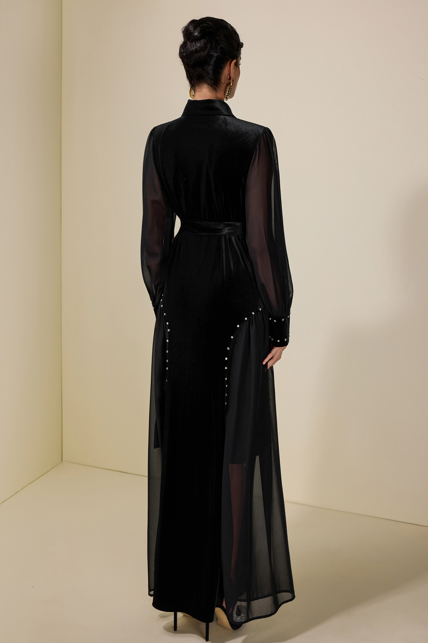 Velvet Chiffon Rhinestone Rivets Maxi Dress