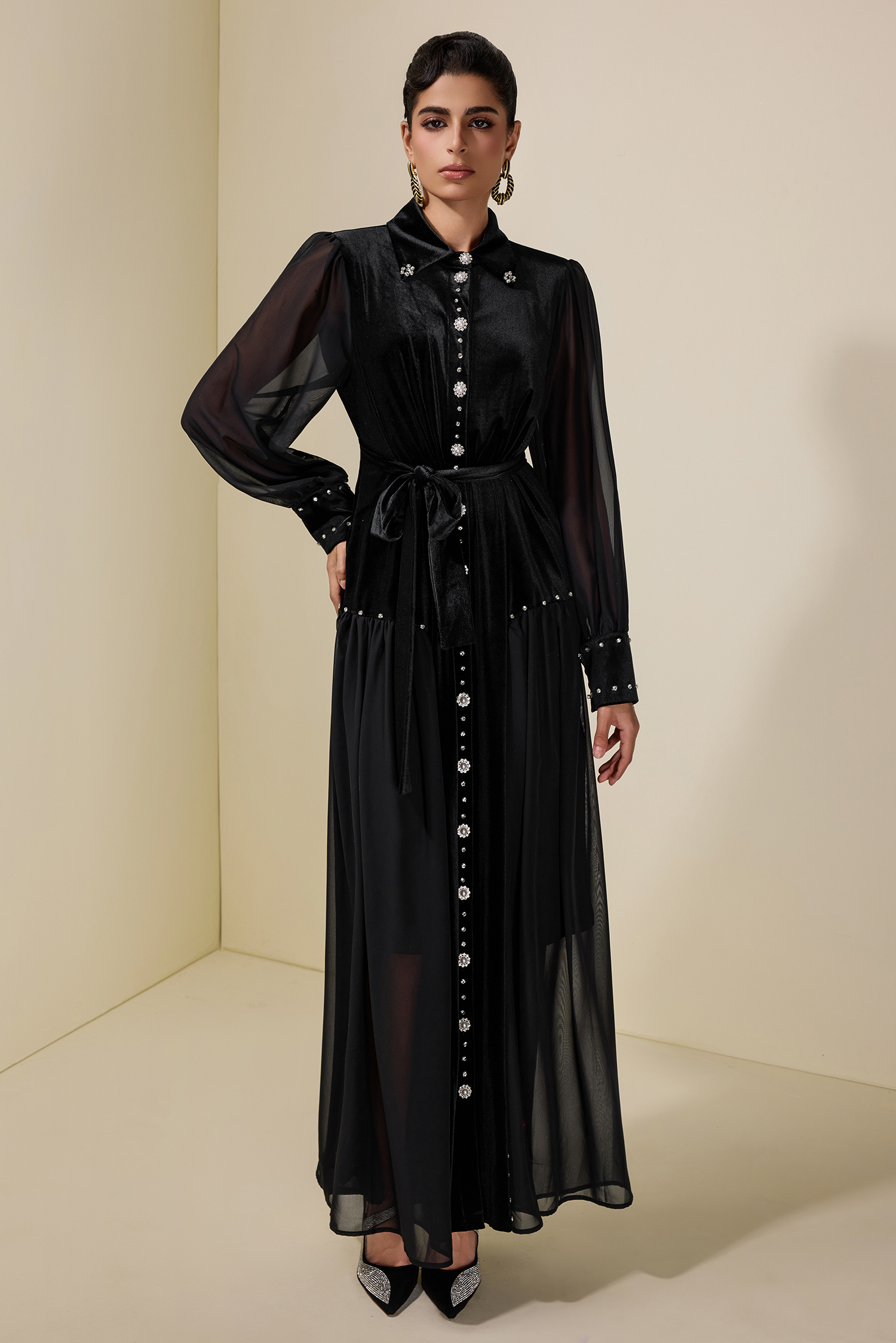 Velvet Chiffon Rhinestone Rivets Maxi Dress