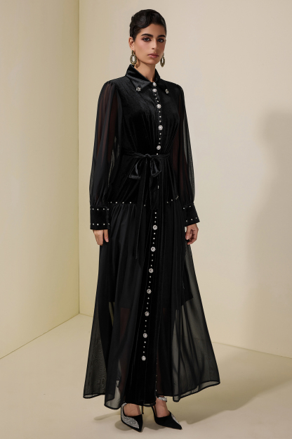 Velvet Chiffon Rhinestone Rivets Maxi Dress