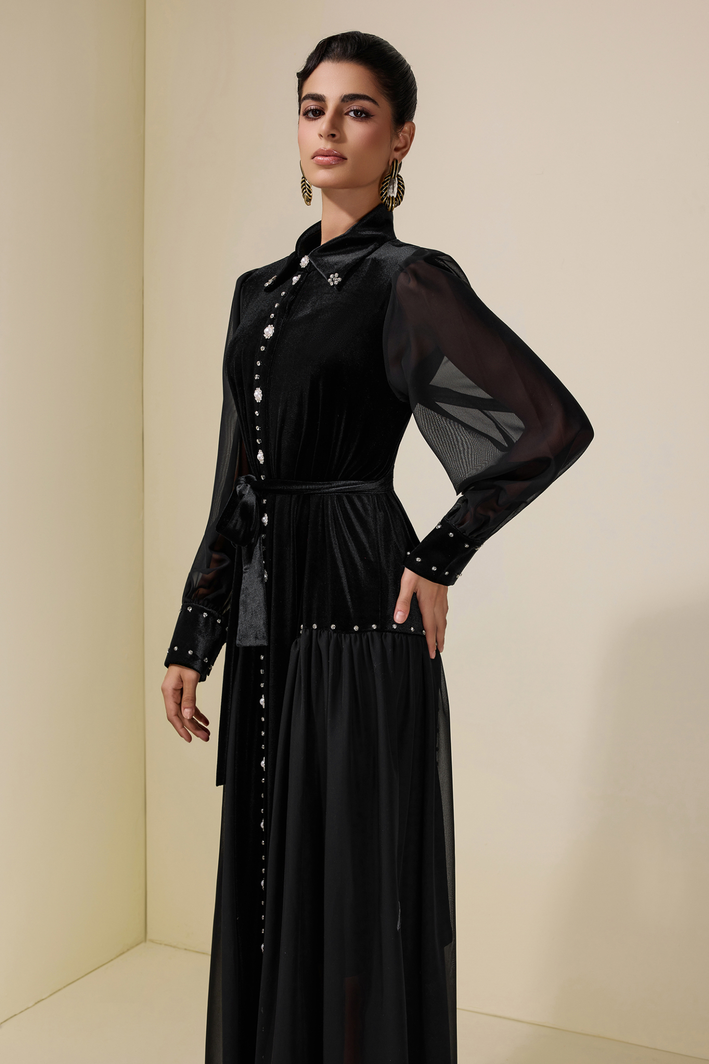 Velvet Chiffon Rhinestone Rivets Maxi Dress