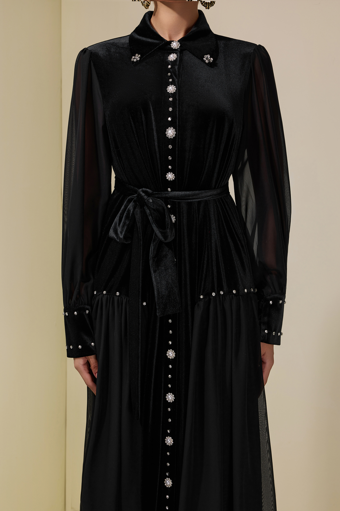 Velvet Chiffon Rhinestone Rivets Maxi Dress