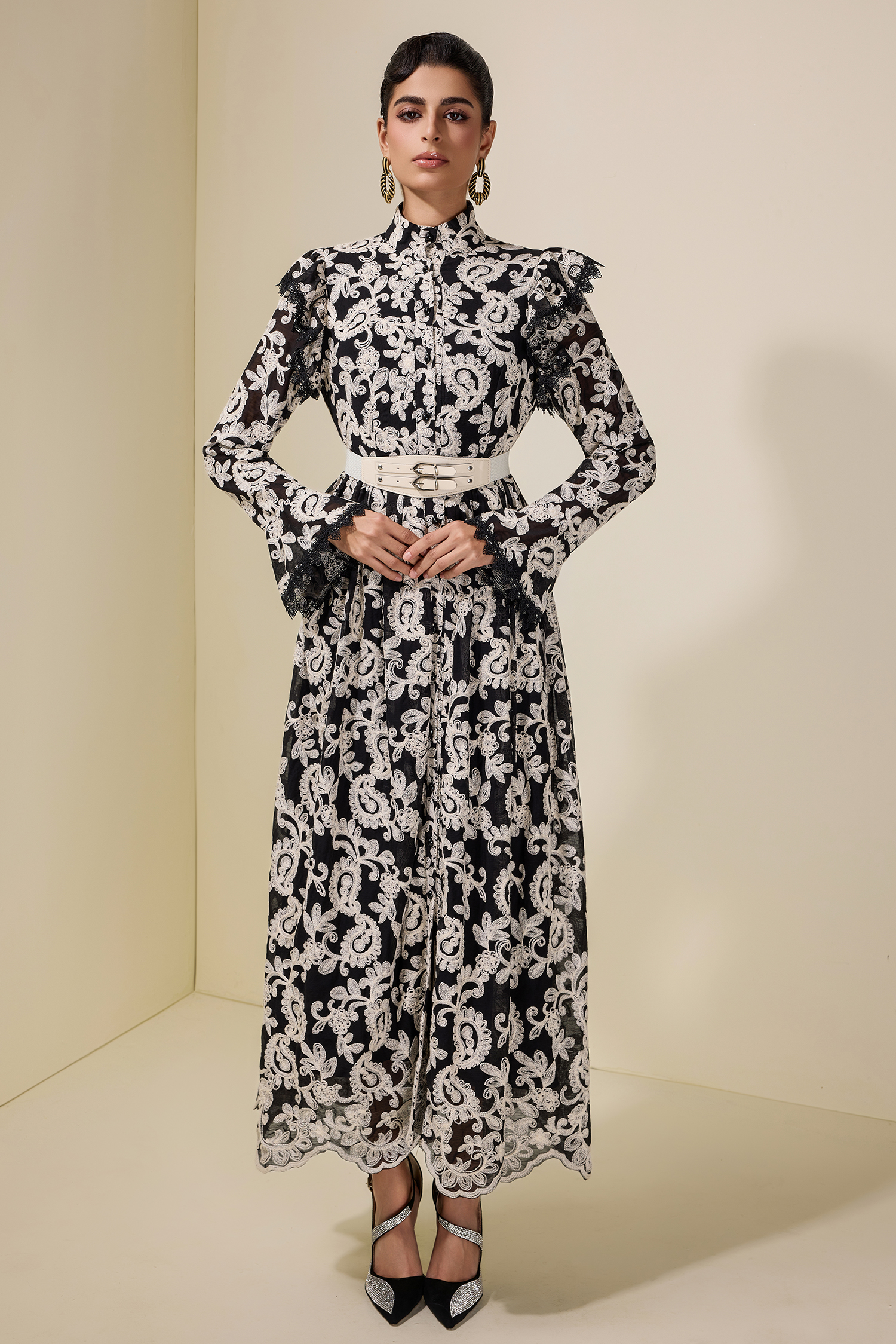 Chiffon Embroidered Single Breasted Midi Dress With Belt