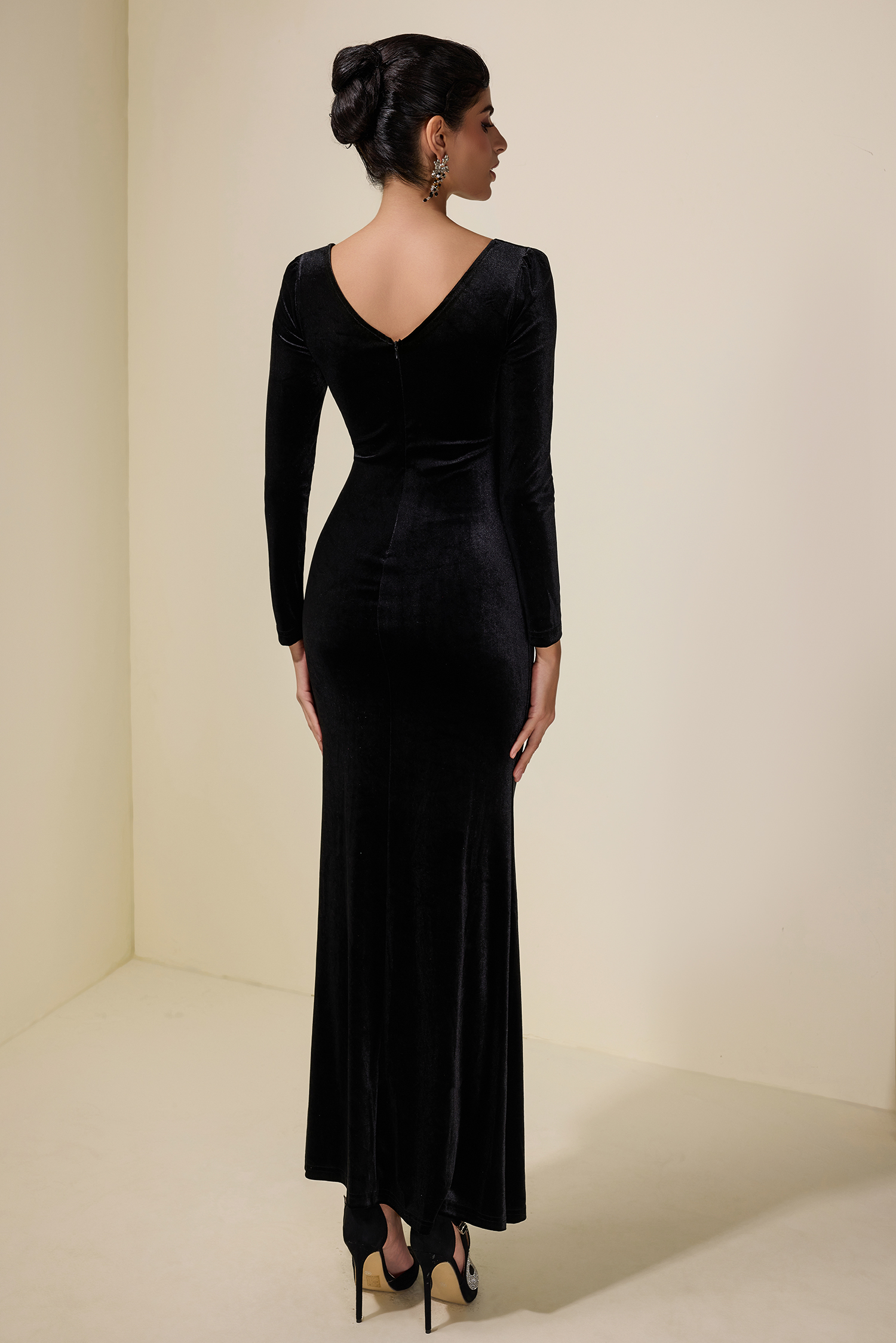 Velvet V-Neck Rhinestone Midi Dress