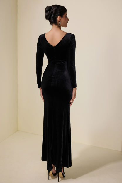 Velvet V-Neck Rhinestone Midi Dress