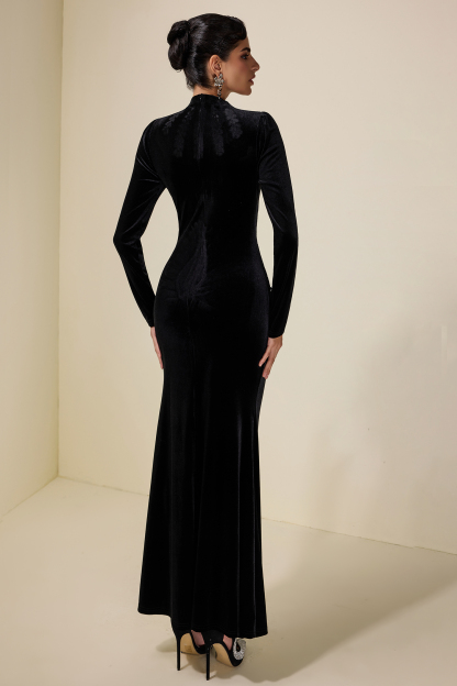 Velvet Rhinestone Draped Maxi Dress