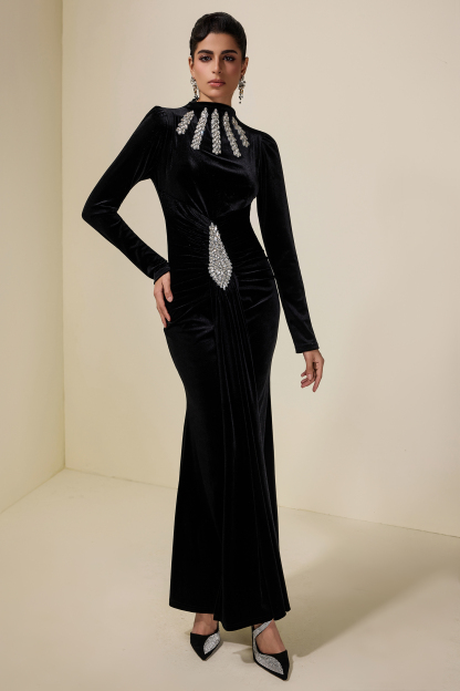 Velvet Rhinestone Draped Maxi Dress