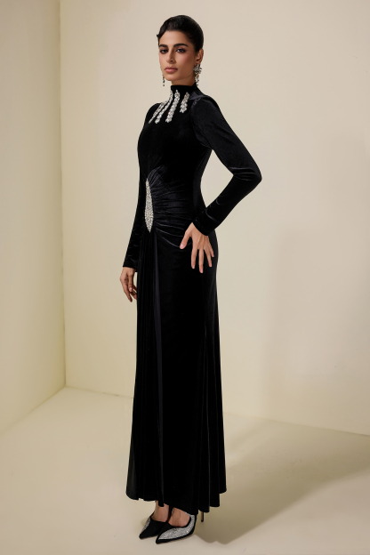 Velvet Rhinestone Draped Maxi Dress