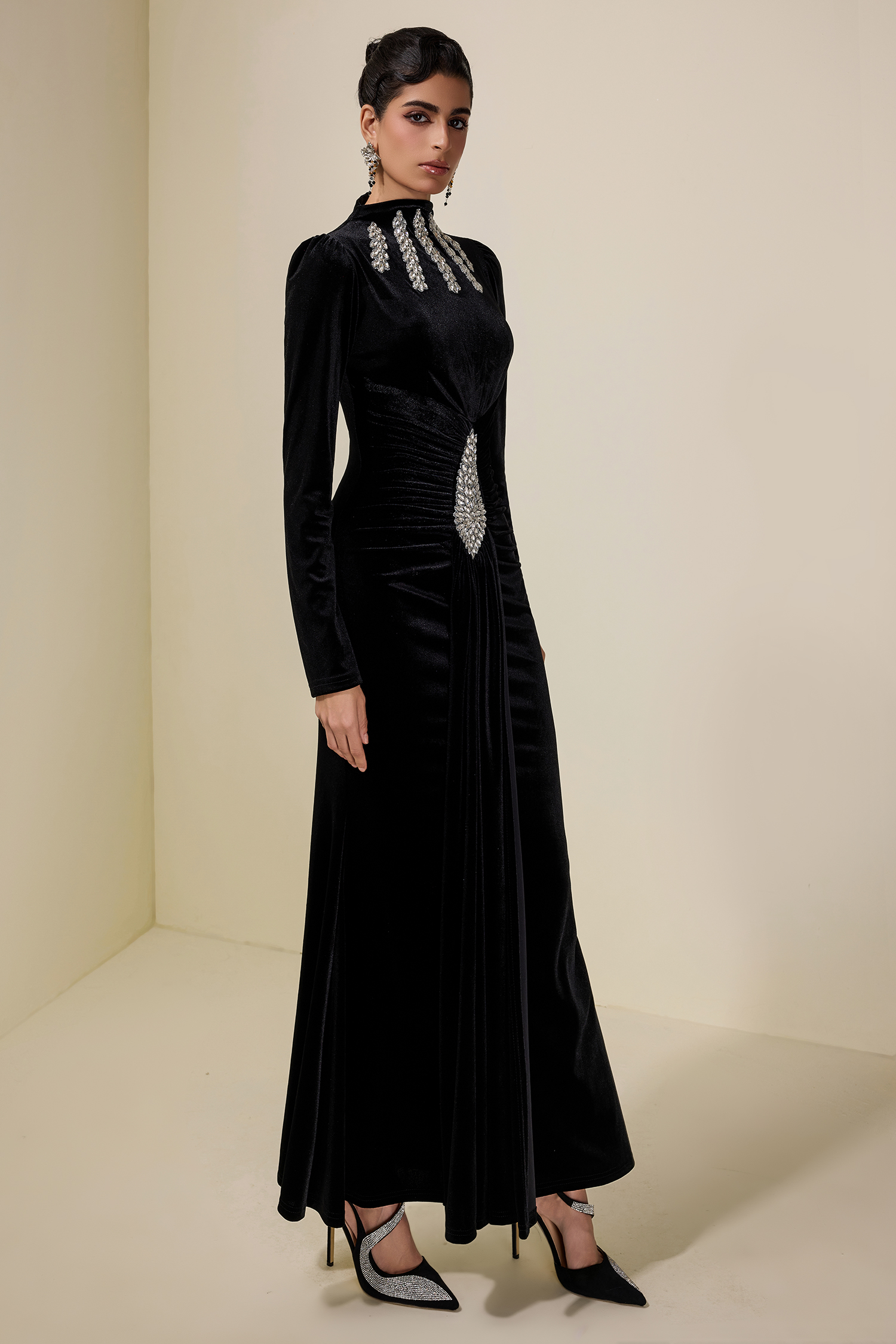 Velvet Rhinestone Draped Maxi Dress