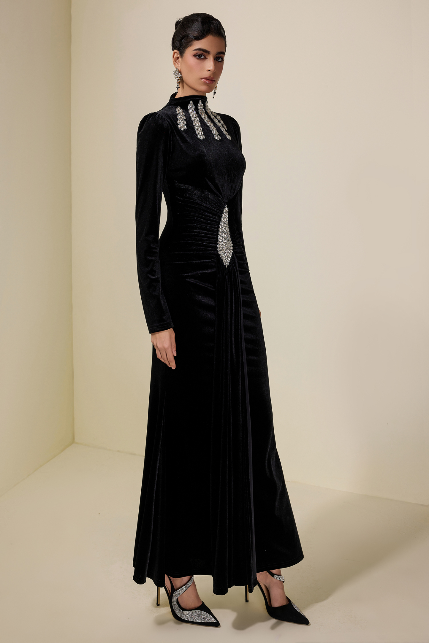 Velvet Rhinestone Draped Maxi Dress