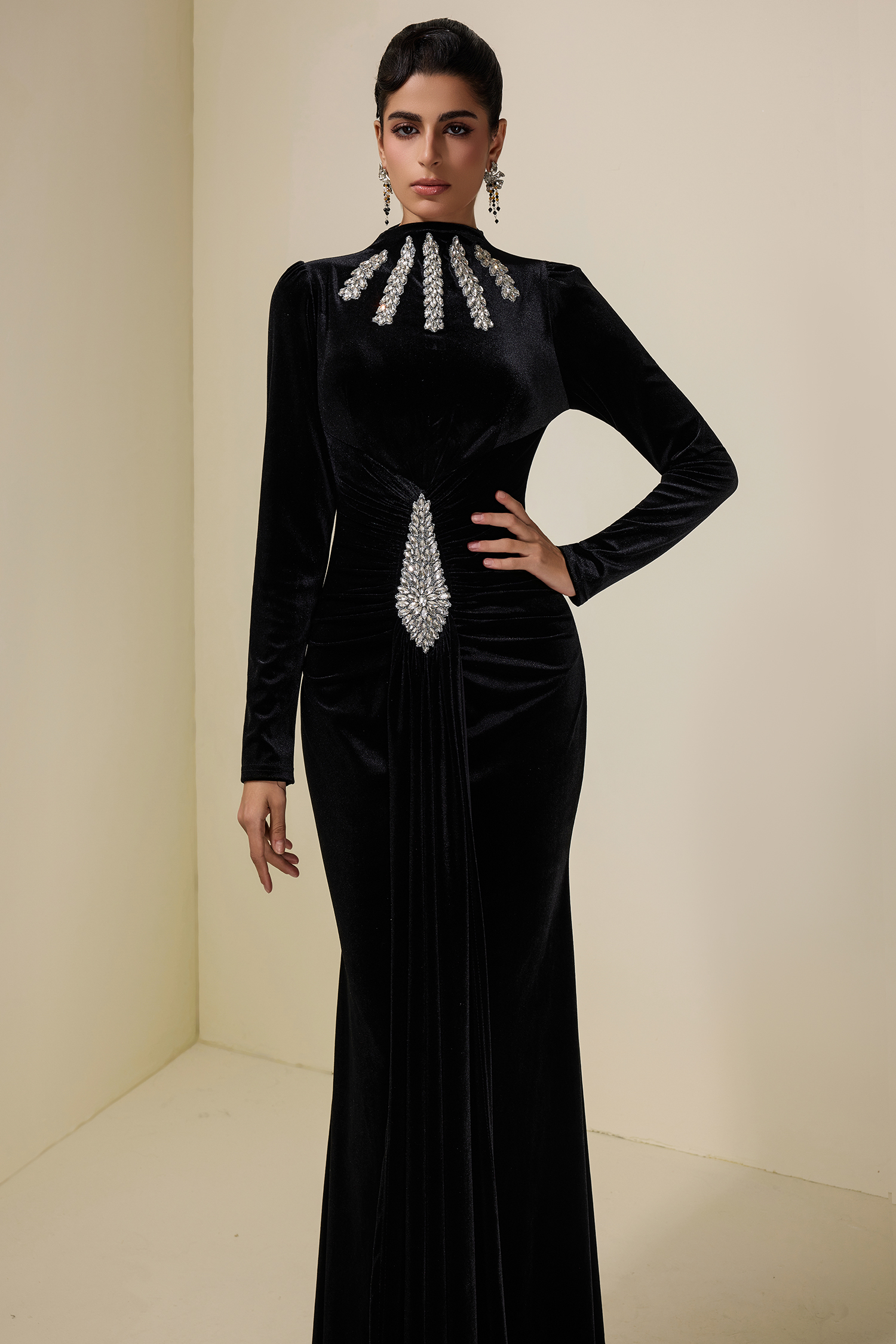 Velvet Rhinestone Draped Maxi Dress