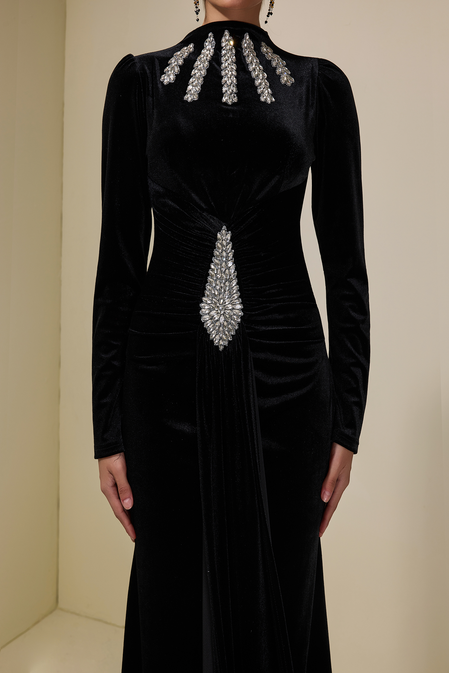 Velvet Rhinestone Draped Maxi Dress