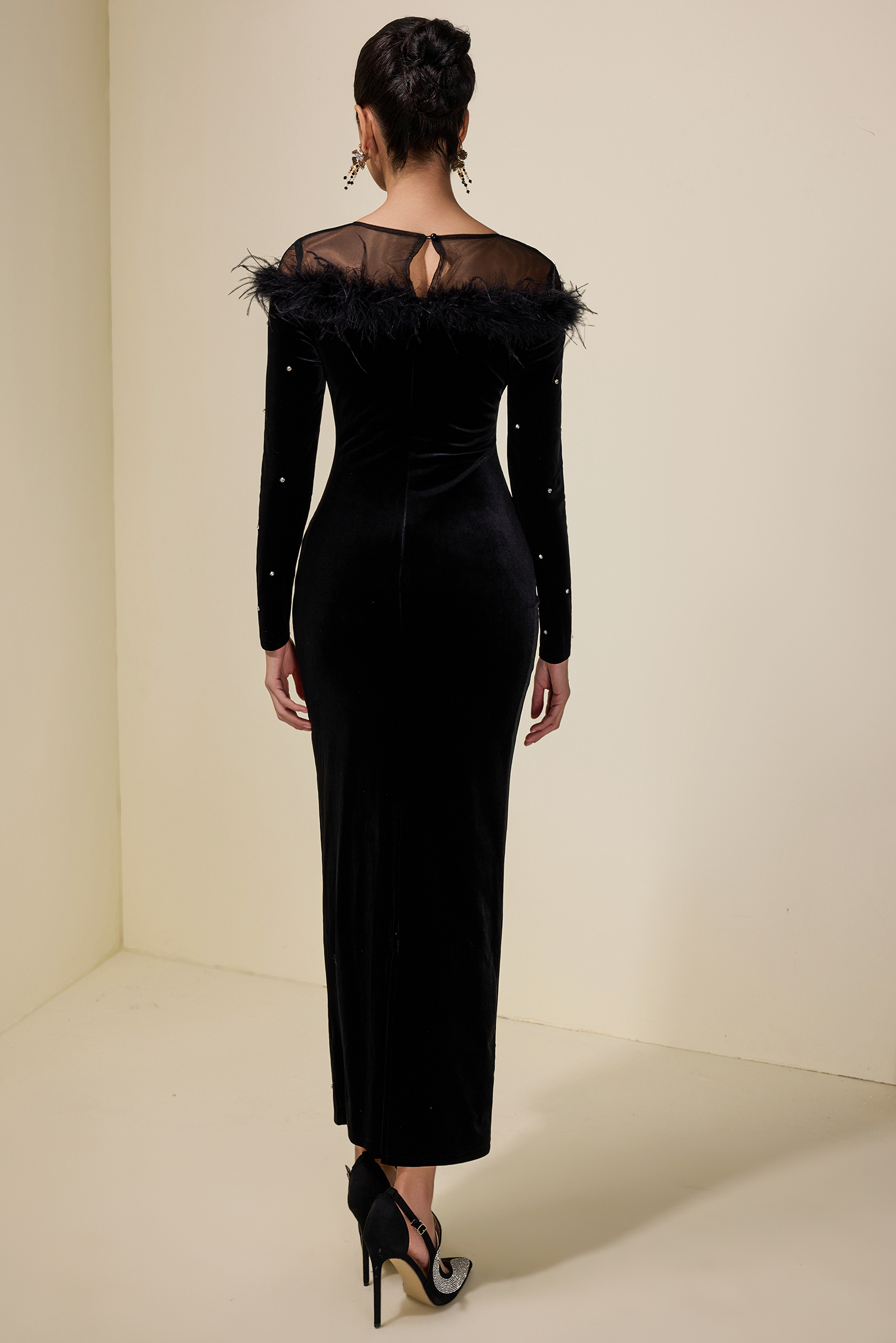 Velvet Rhinestone Feather Midi Dress