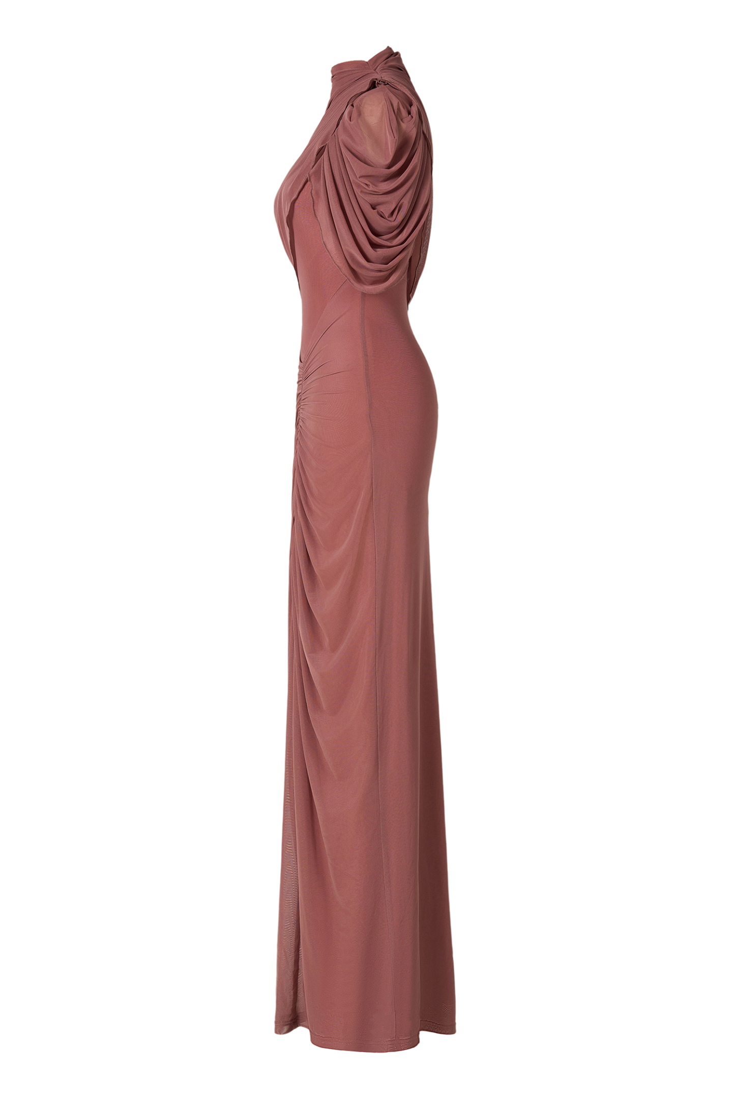 Ruched Asymmetrical High Neck Maxi Dress