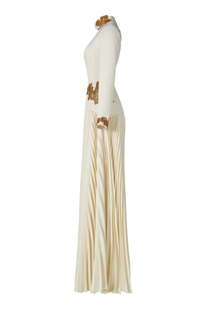 Appliquéd V-Neck Pleated Maxi Dress