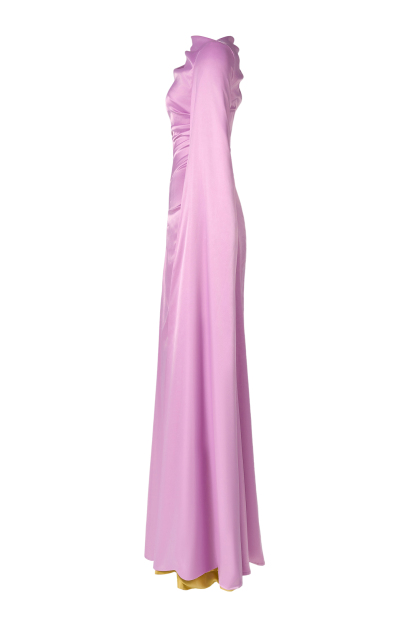 Contrast Color Gathering One Sleeve Maxi Dress