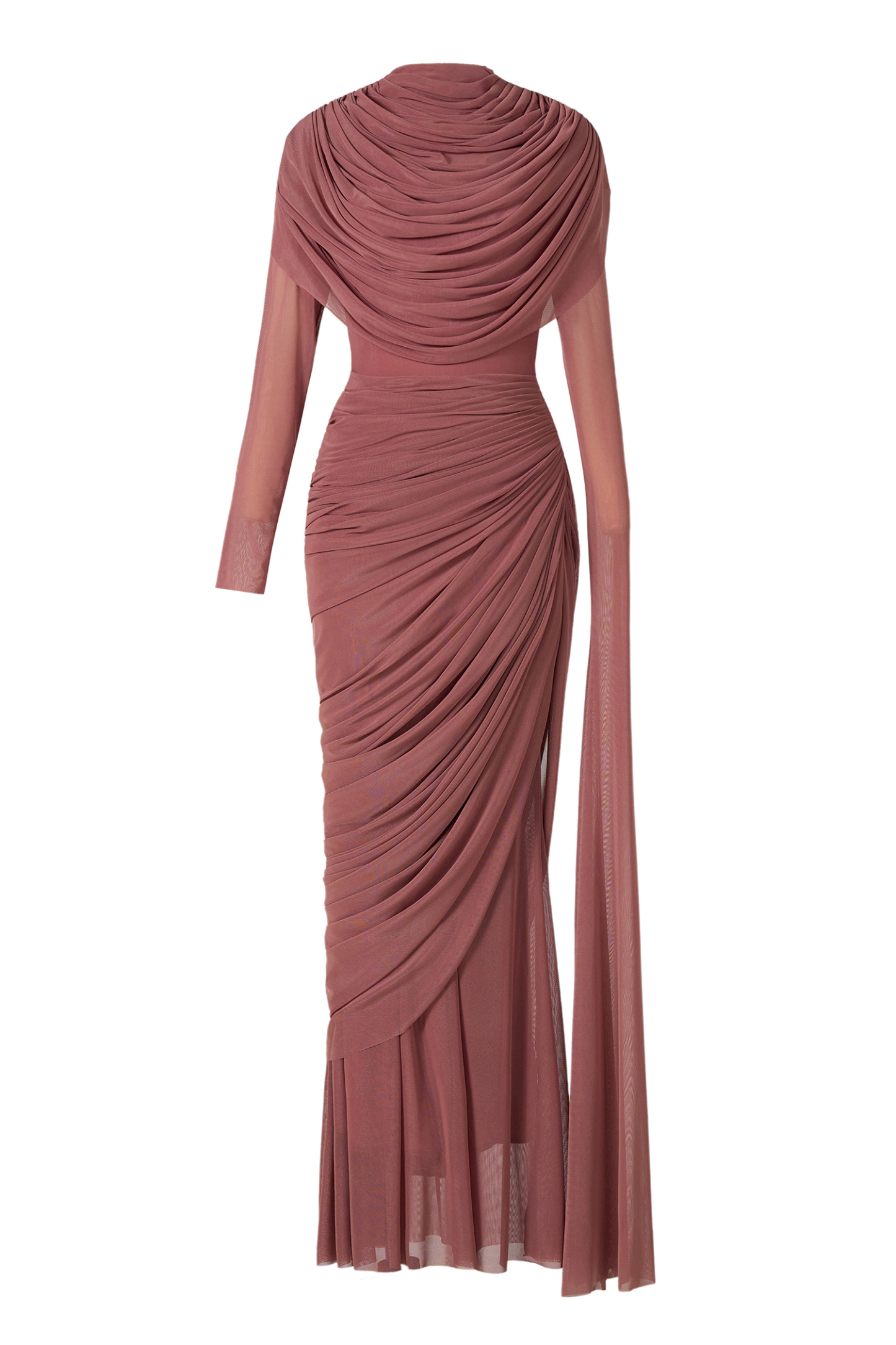 Mesh Gathering Asymmetrical Sleeve Maxi Dress