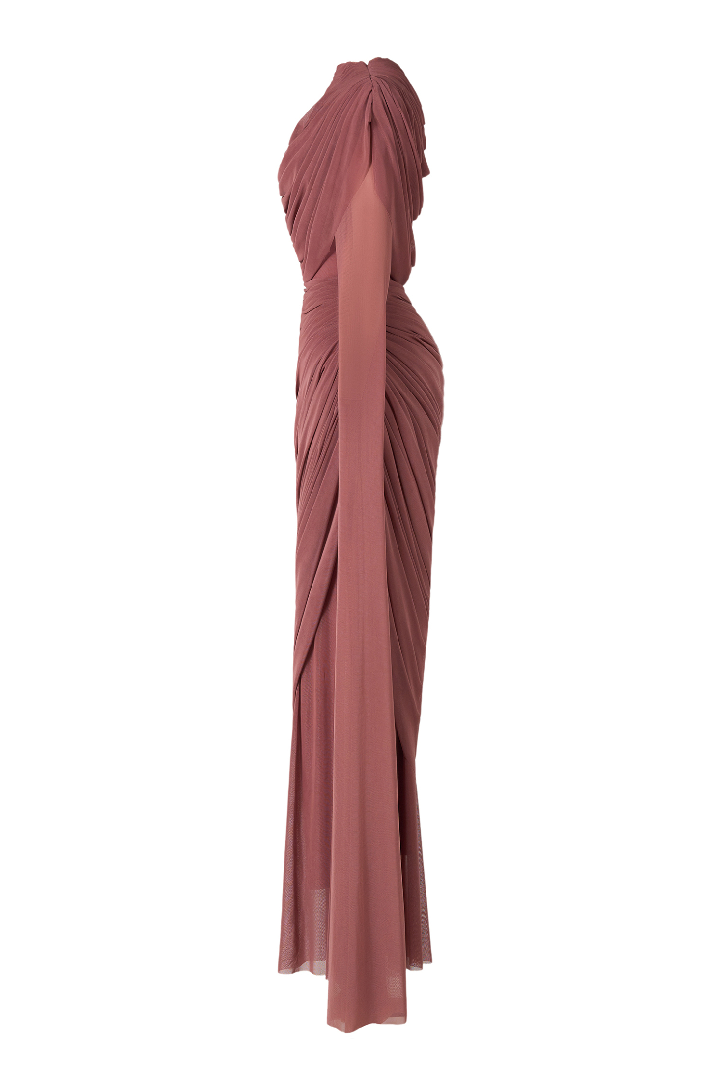 Mesh Gathering Asymmetrical Sleeve Maxi Dress
