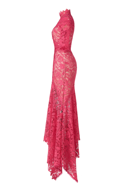 Lace Stand Collar Three-Quarter Sleeve Midi Dress