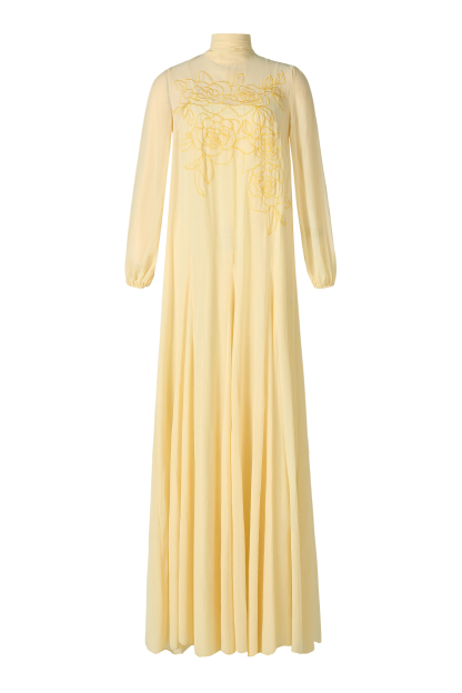 Embroidered Chiffon Lantern Sleeve Maxi Dress