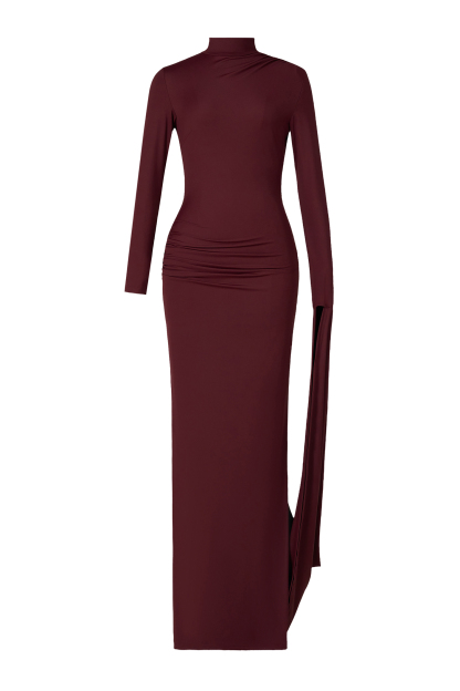 Jersey Solid Asymmetrical Sleeve Maxi Dress