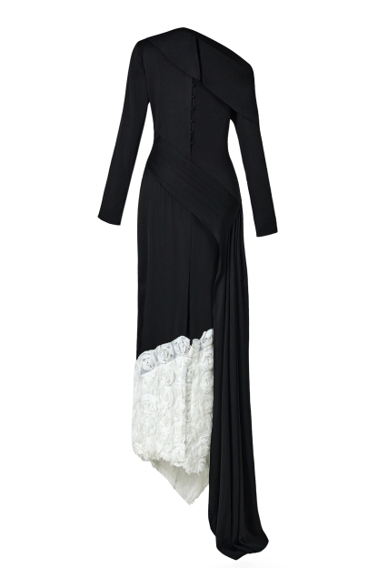 Contrast Color 3D Flower Skew Collar Maxi Dress