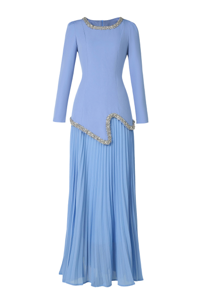 Rhinestone Long Sleeve Top & High Waist Pleated Midi Skirt Set