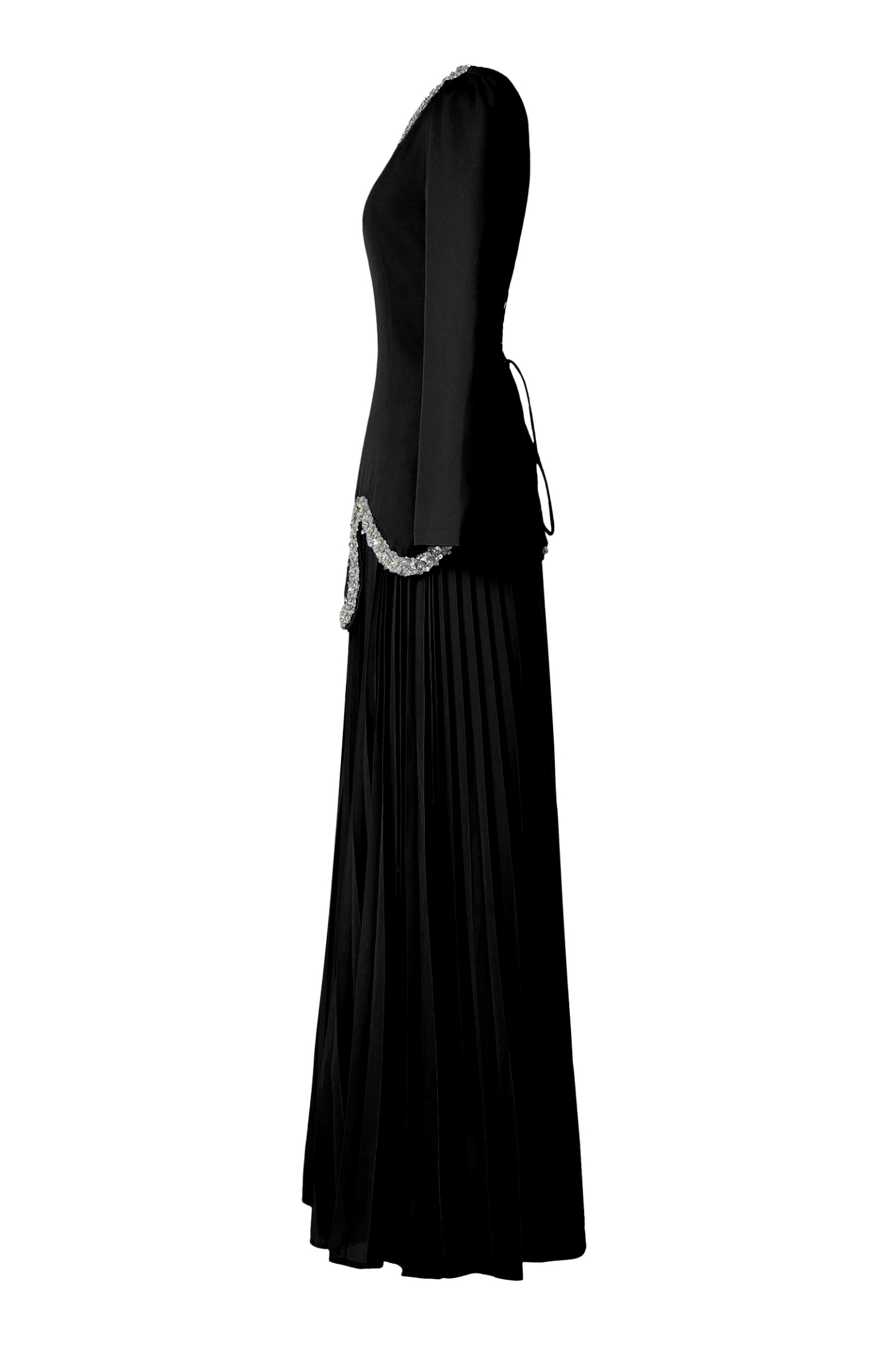 Rhinestone Long Sleeve Top & High Waist Pleated Midi Skirt Set