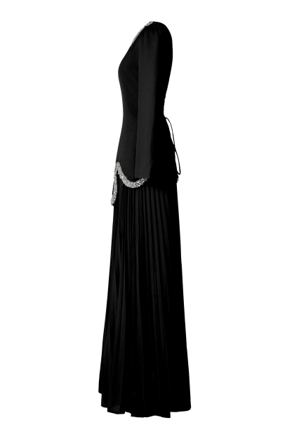 Rhinestone Long Sleeve Top & High Waist Pleated Midi Skirt Set