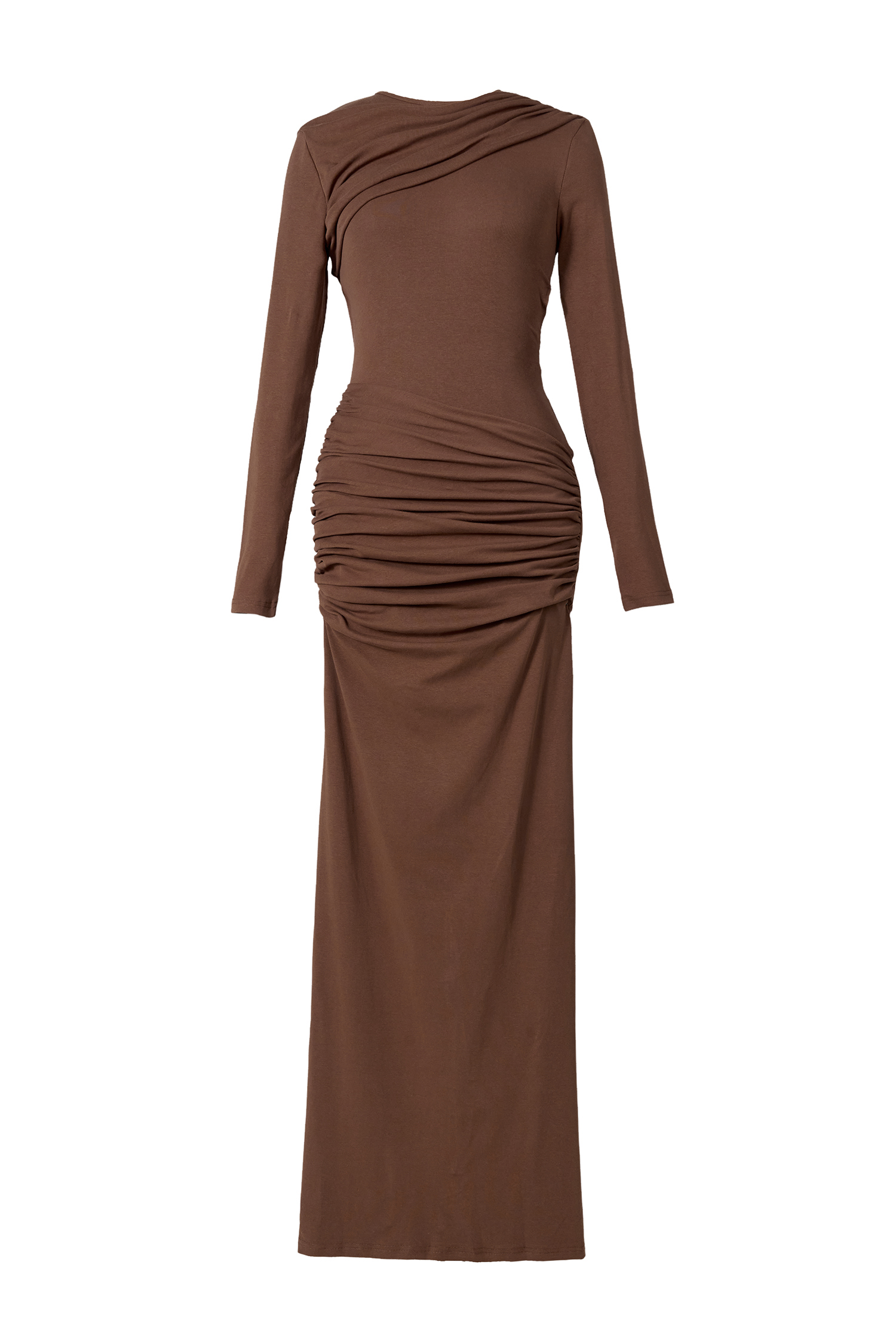 Solid Gathering Long Sleeve Maxi Dress