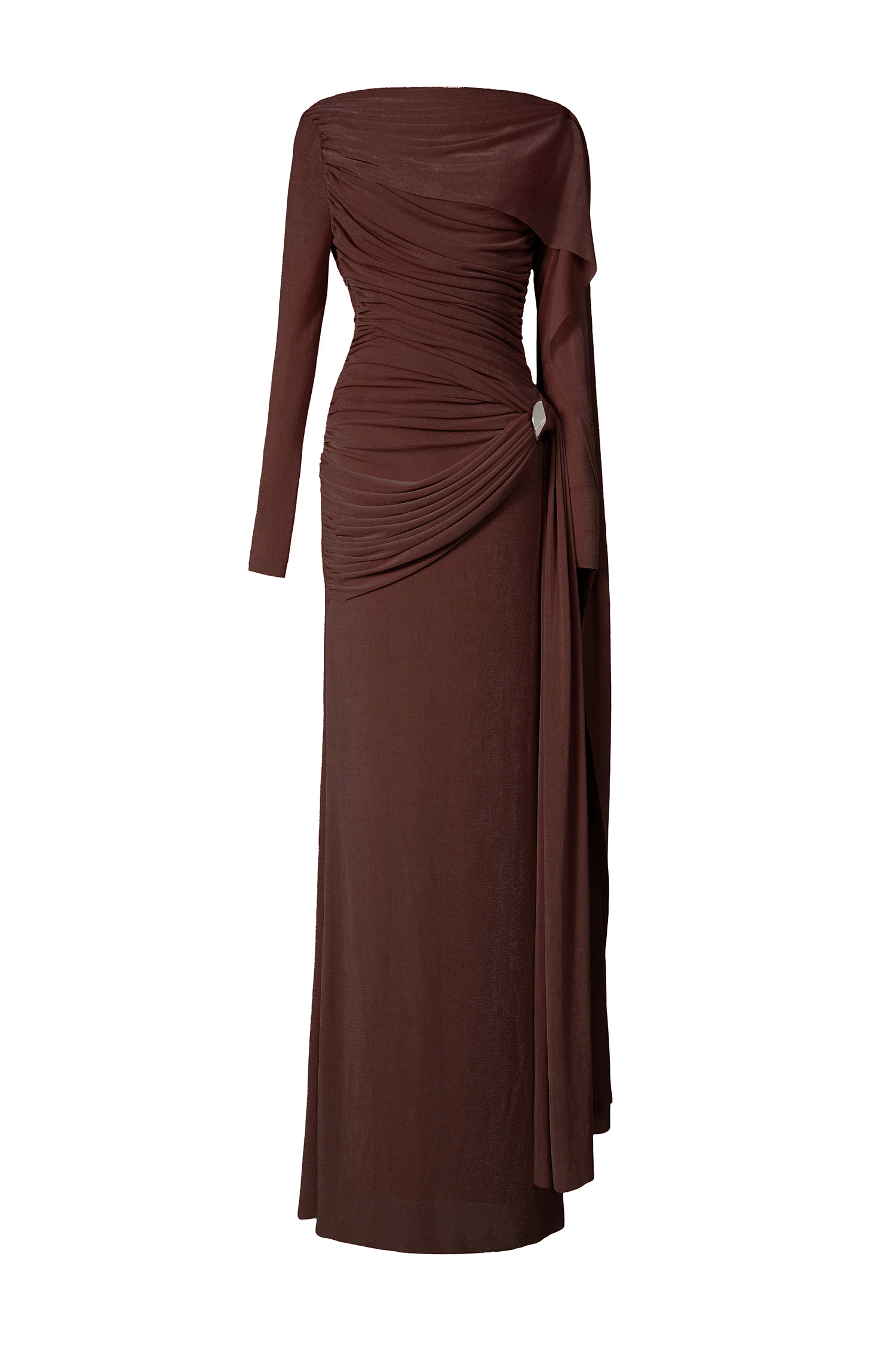 Solid Gathering Metal Button Cape Sleeve Maxi Dress