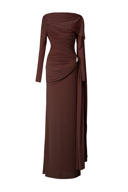 Solid Gathering Metal Button Cape Sleeve Maxi Dress