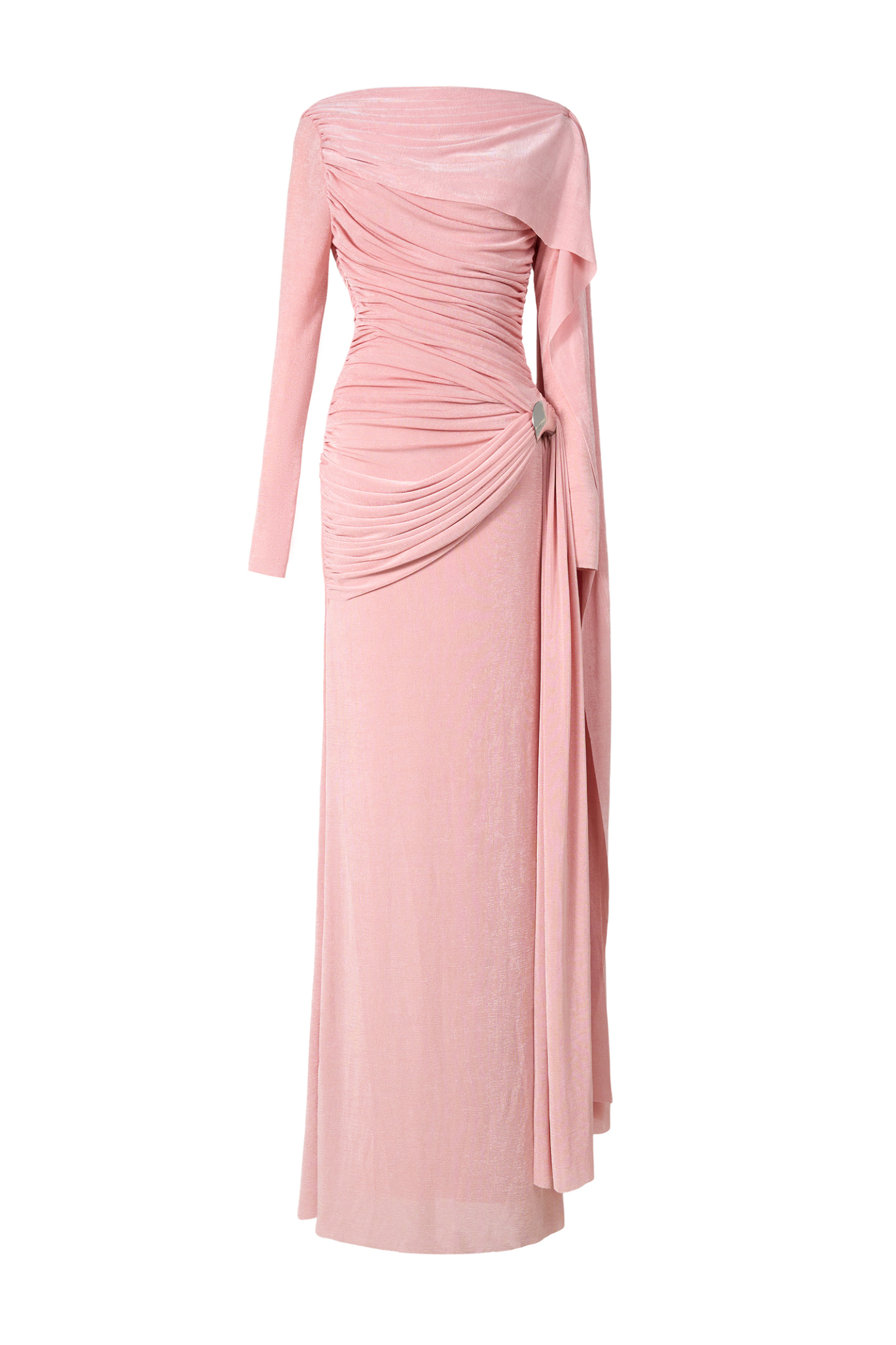 Solid Gathering Metal Button Cape Sleeve Maxi Dress