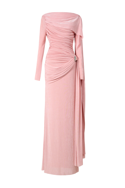 Solid Gathering Metal Button Cape Sleeve Maxi Dress