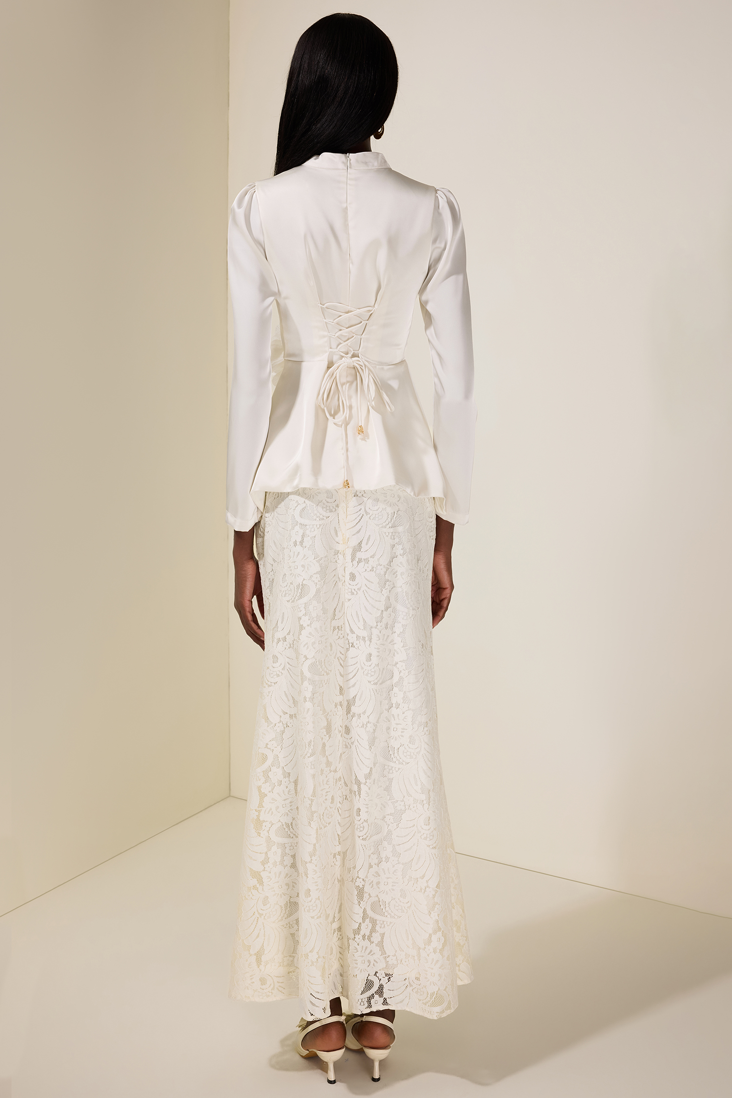 Satin Top With 3D Flower Belt & Lace Hight Waist Set