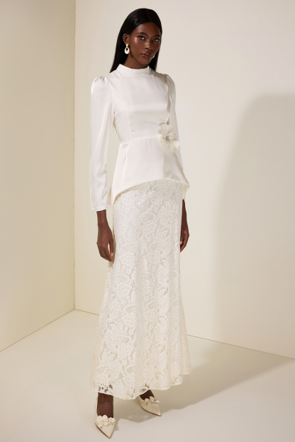 Satin Top With 3D Flower Belt & Lace Hight Waist Set