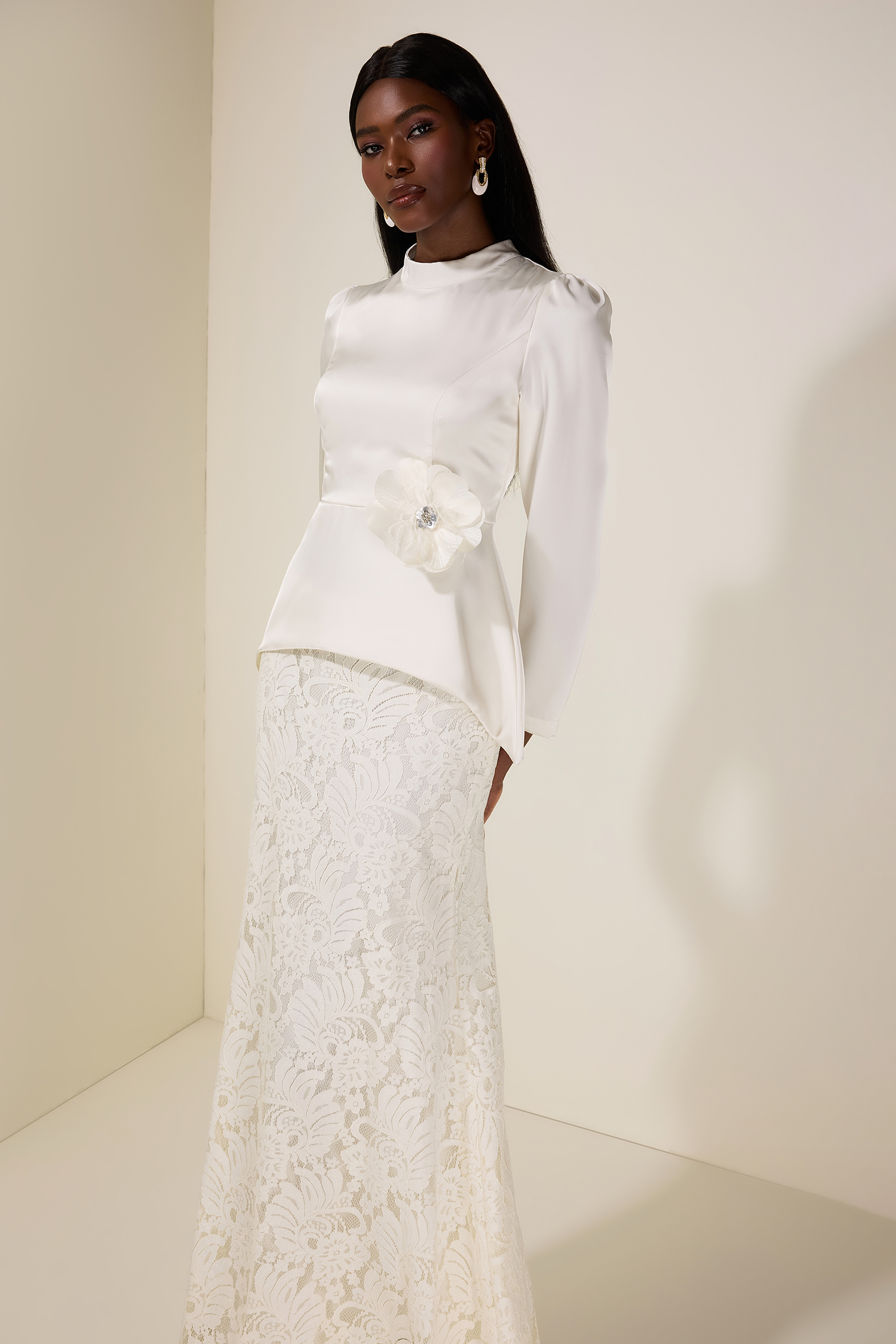 Satin Top With 3D Flower Belt & Lace Hight Waist Set