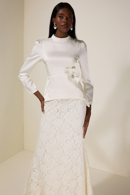 Satin Top With 3D Flower Belt & Lace Hight Waist Set