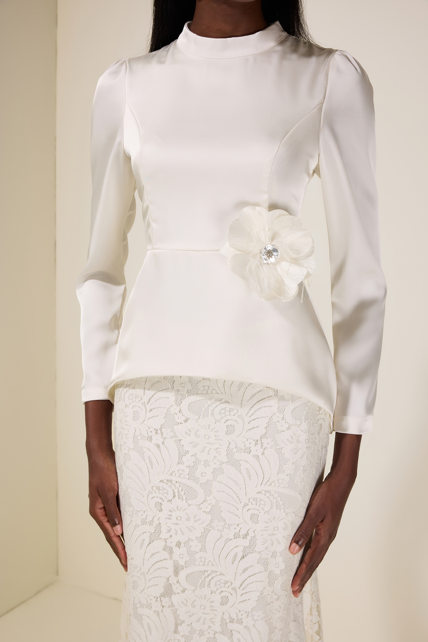 Satin Top With 3D Flower Belt & Lace Hight Waist Set