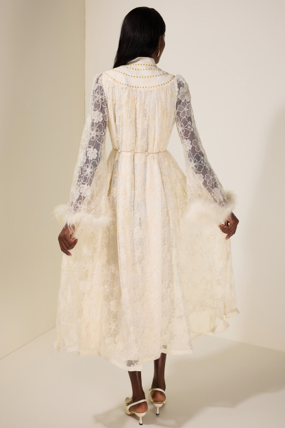 Embroidered Feather Button Maxi Dress