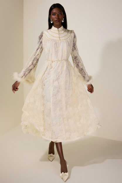 Embroidered Feather Button Maxi Dress