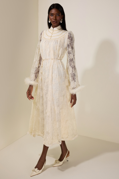 Embroidered Feather Button Maxi Dress