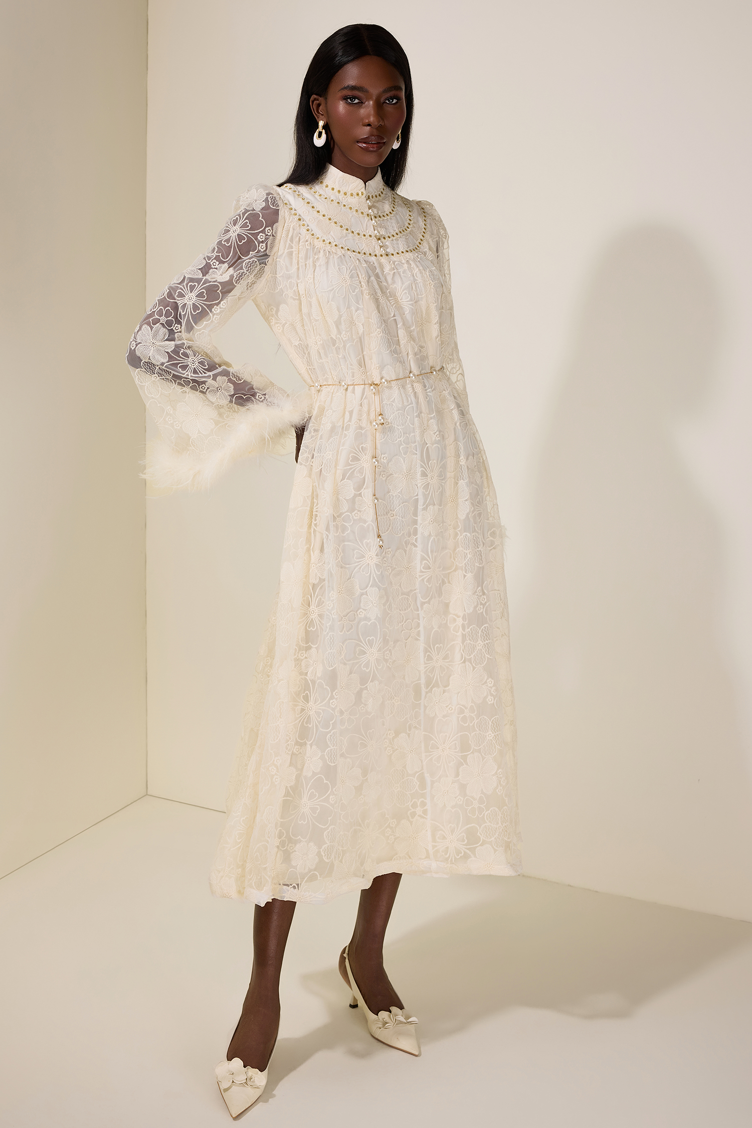 Embroidered Feather Button Maxi Dress