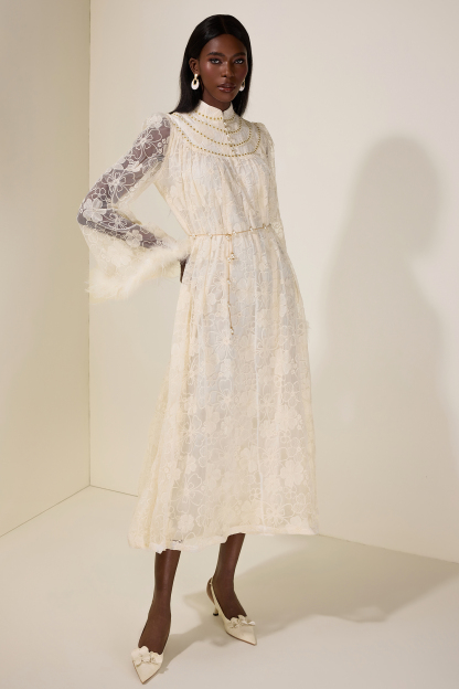 Embroidered Feather Button Maxi Dress