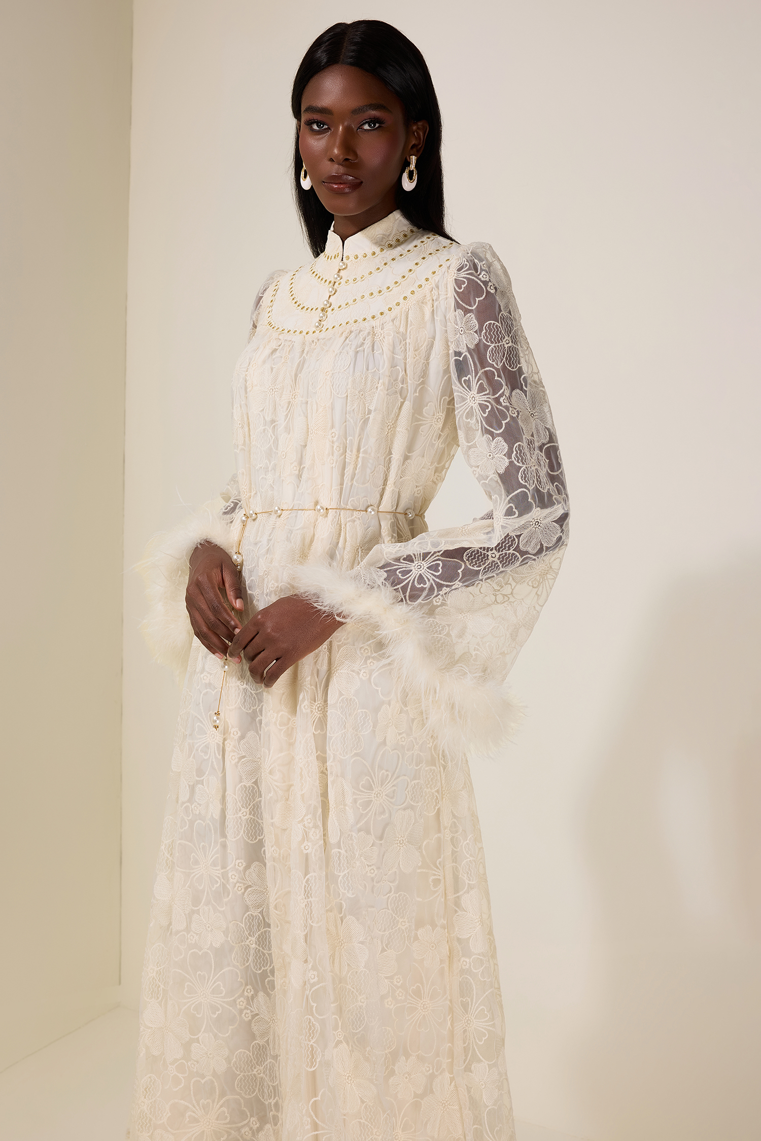 Embroidered Feather Button Maxi Dress