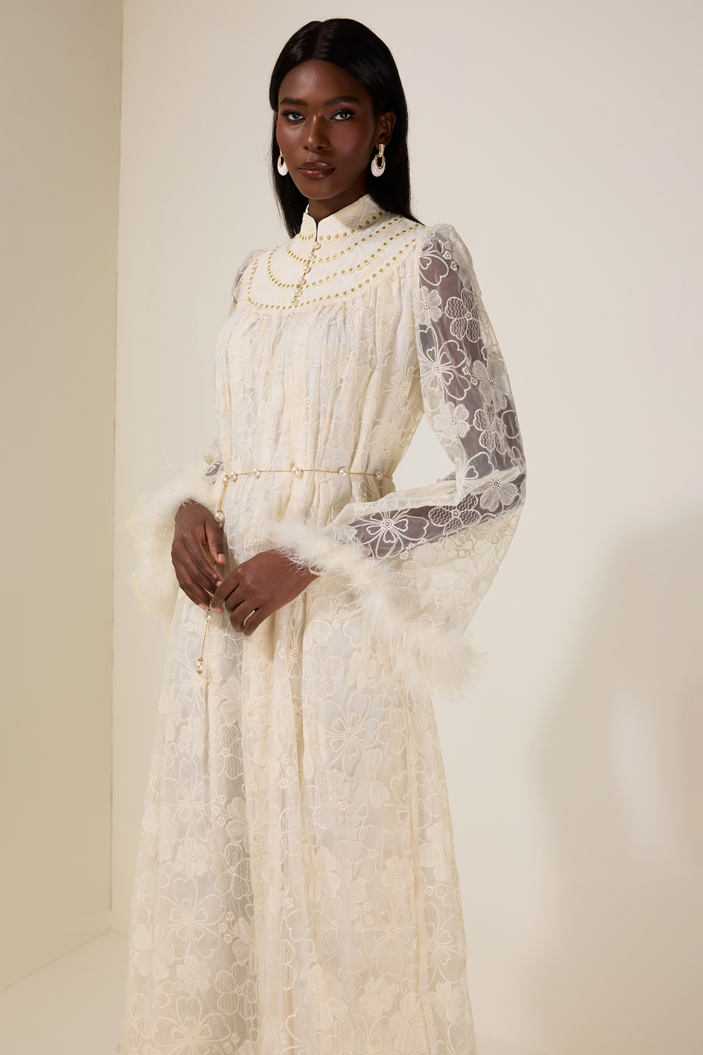 Embroidered Feather Button Maxi Dress