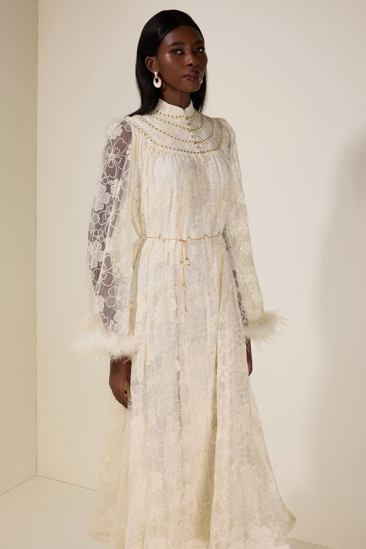 Embroidered Feather Button Maxi Dress